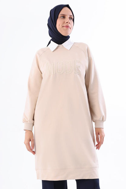 Light Beige Mode Embroidered Raglan Sleeve Tunic