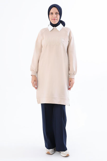 Light Beige Mode Embroidered Raglan Sleeve Tunic