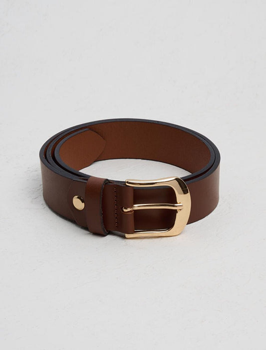 Classic Leather Belt with Brown Shiny Buckle