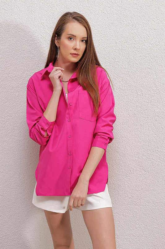 3952 Buttoned Back Boyfriend Shirt - Fuchsia