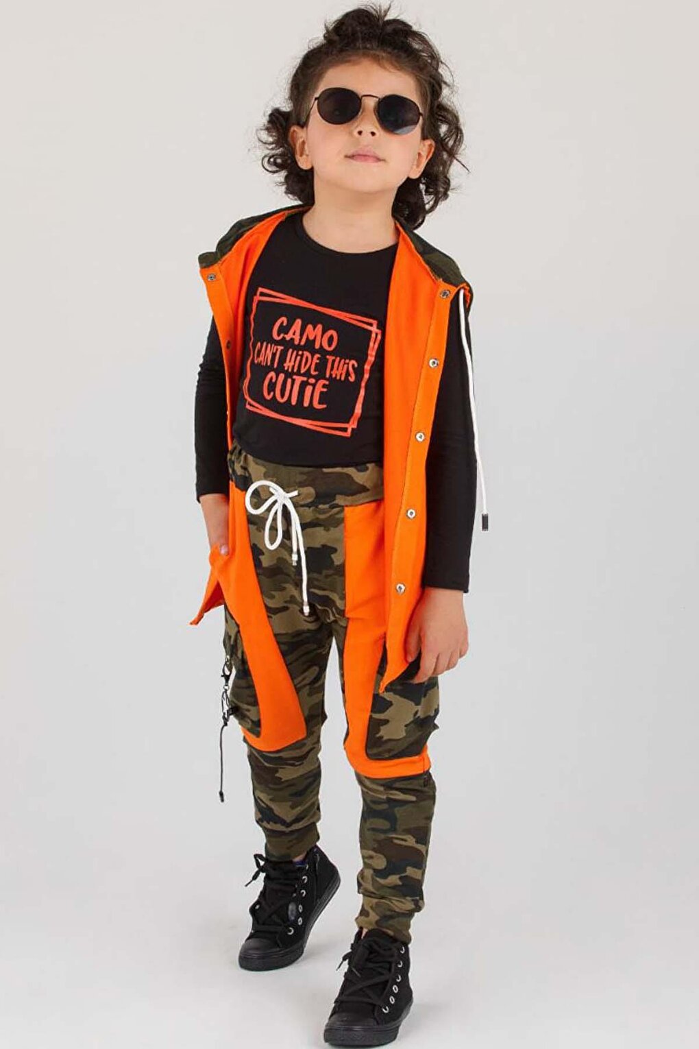 Boy's Orange Tracksuit with Cargo Pocket and Camouflage Pattern