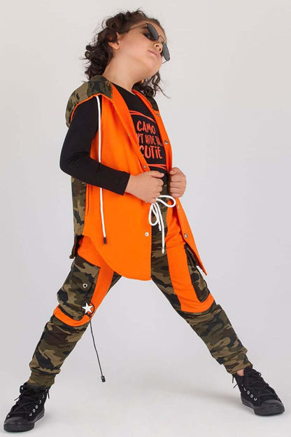 Boy's Orange Tracksuit with Cargo Pocket and Camouflage Pattern