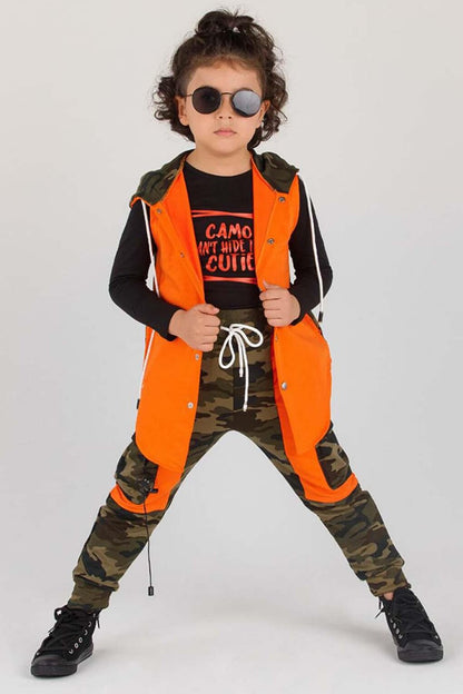 Boy's Orange Tracksuit with Cargo Pocket and Camouflage Pattern