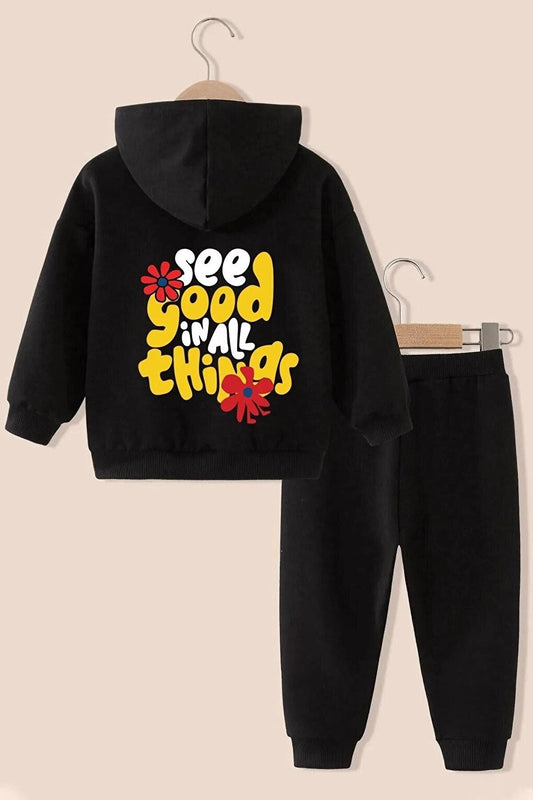 Unisex Kids Cotton Black Good Things Printed Hooded Tracksuit Set