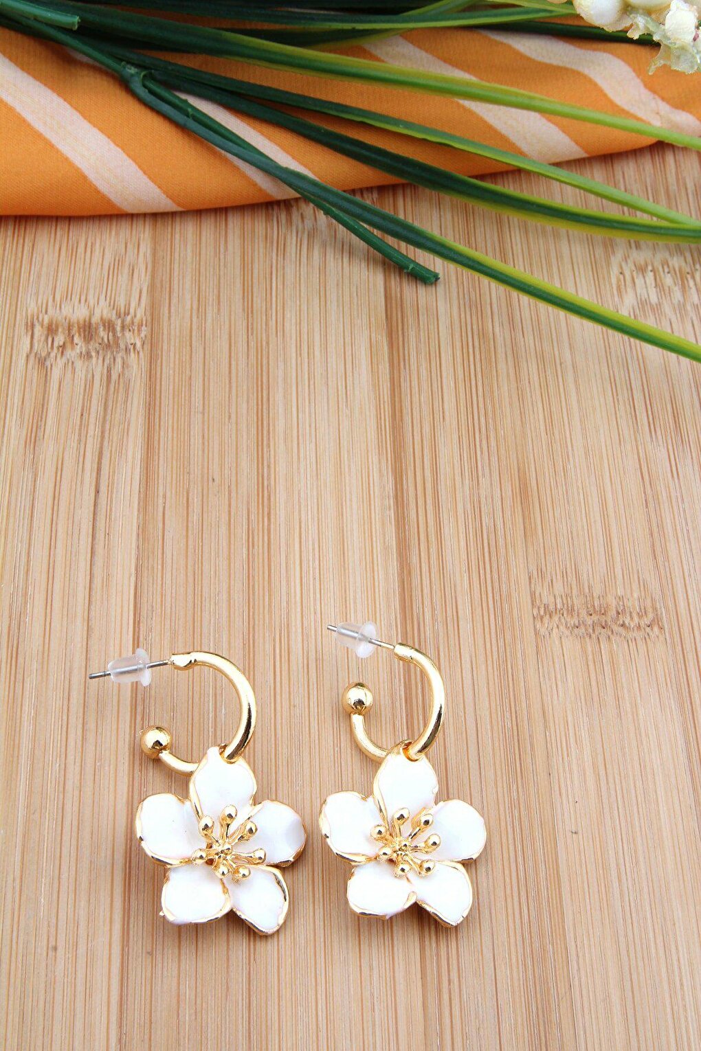 Ecru Flower Hoop Earrings