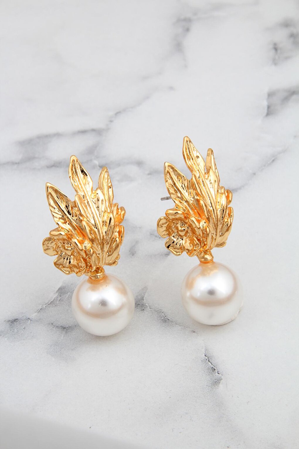 Golden Yellow Pearl Earrings with Leaf and Flower Figures