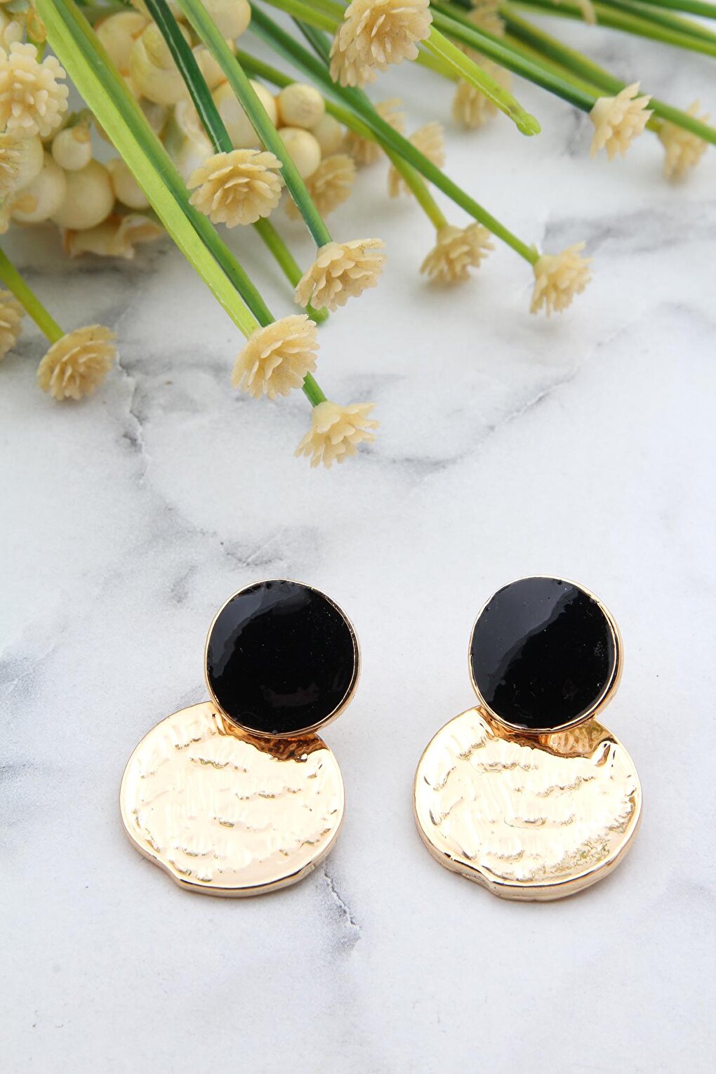 Black Enamel Coin Earrings