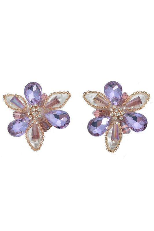 Purple Lilac Crystal Stone Embroidered Flower Earrings