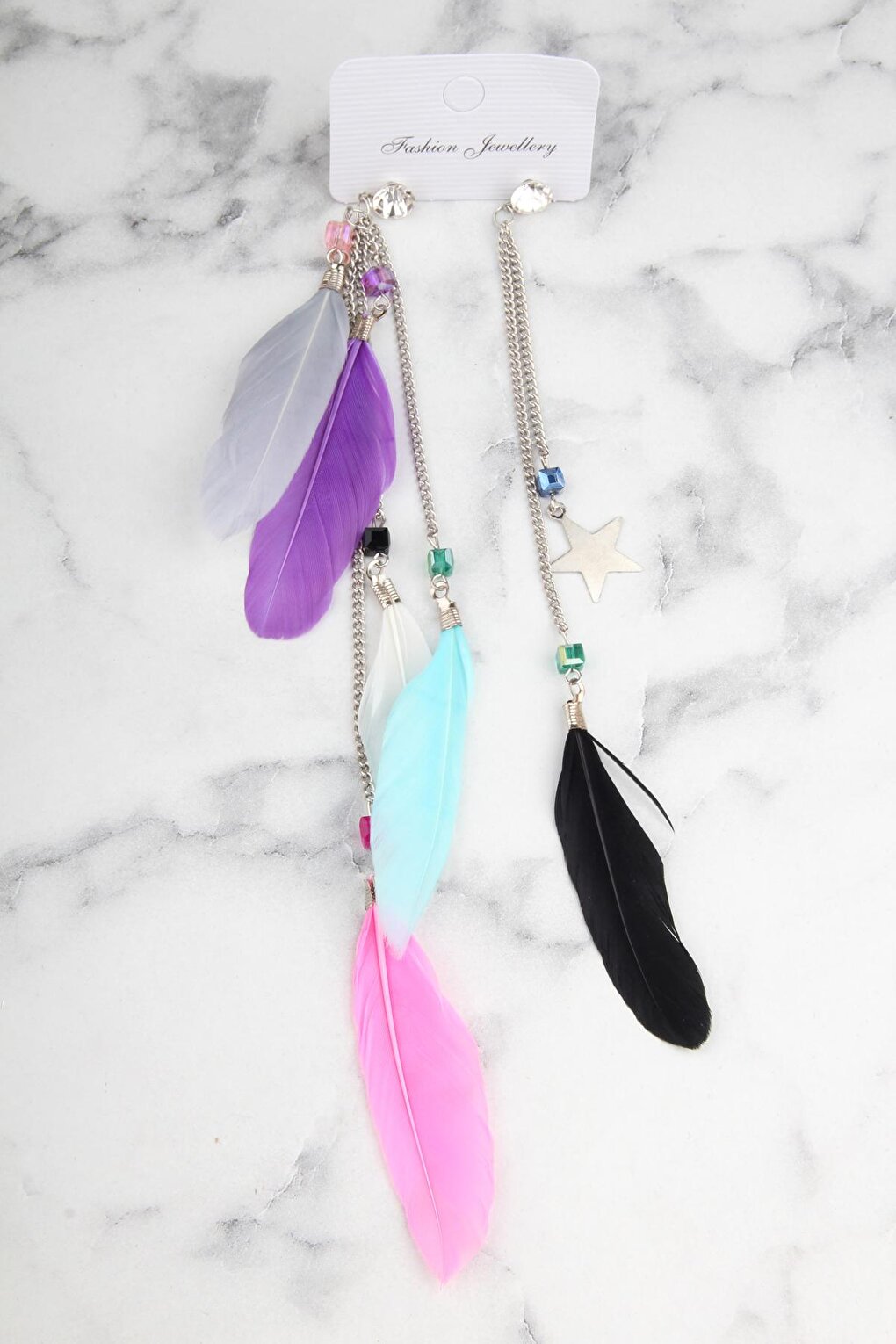 Soft Colored Feather Asymmetrical Earrings