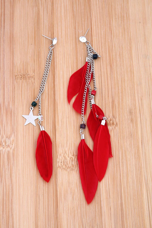 Red Feather Asymmetrical Earrings