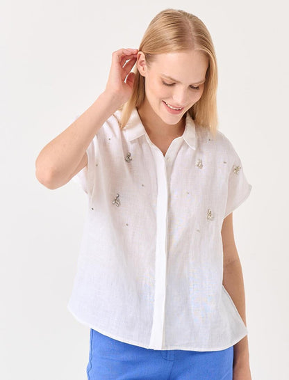 White Sleeveless Embroidered Linen Shirt