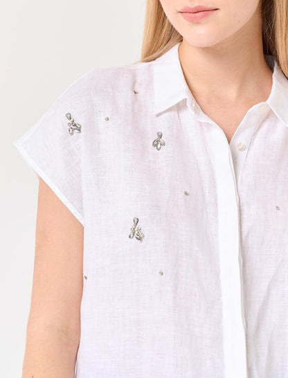 White Sleeveless Embroidered Linen Shirt