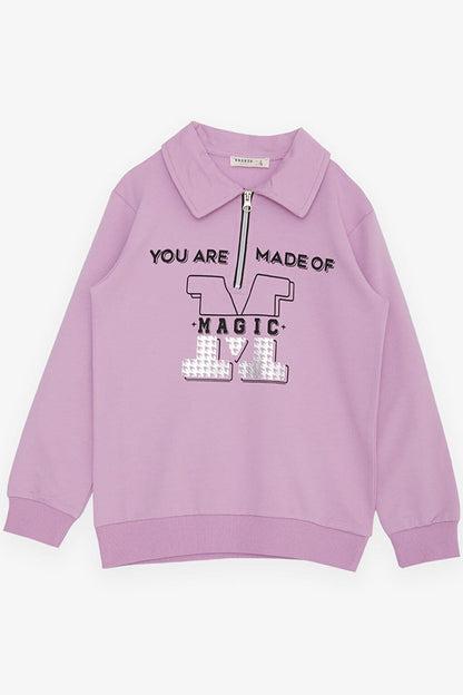 Girl's Sweatshirt Magic Text Printed Half Zipper Polo Neck Lilac (Ages 8-14)