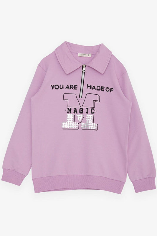 Girl's Sweatshirt Magic Text Printed Half Zipper Polo Neck Lilac (Ages 8-14)