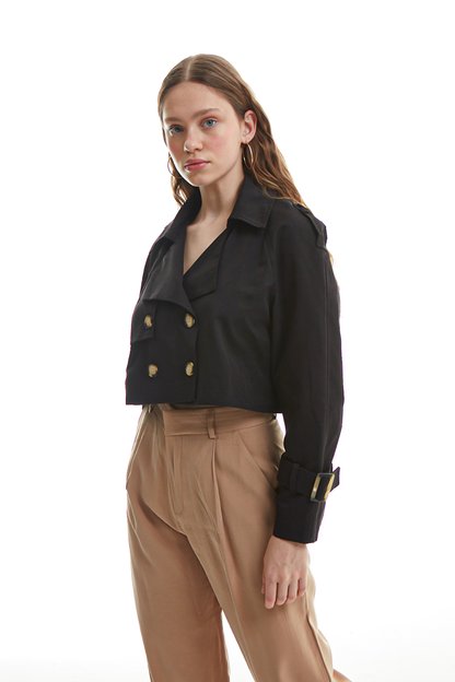 Button Detailed Crop Jacket Black