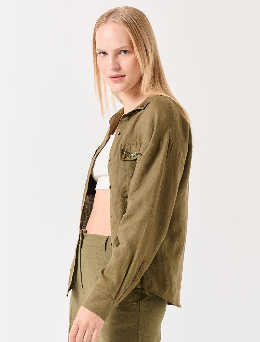 Khaki Long Sleeve Beaded Linen Shirt