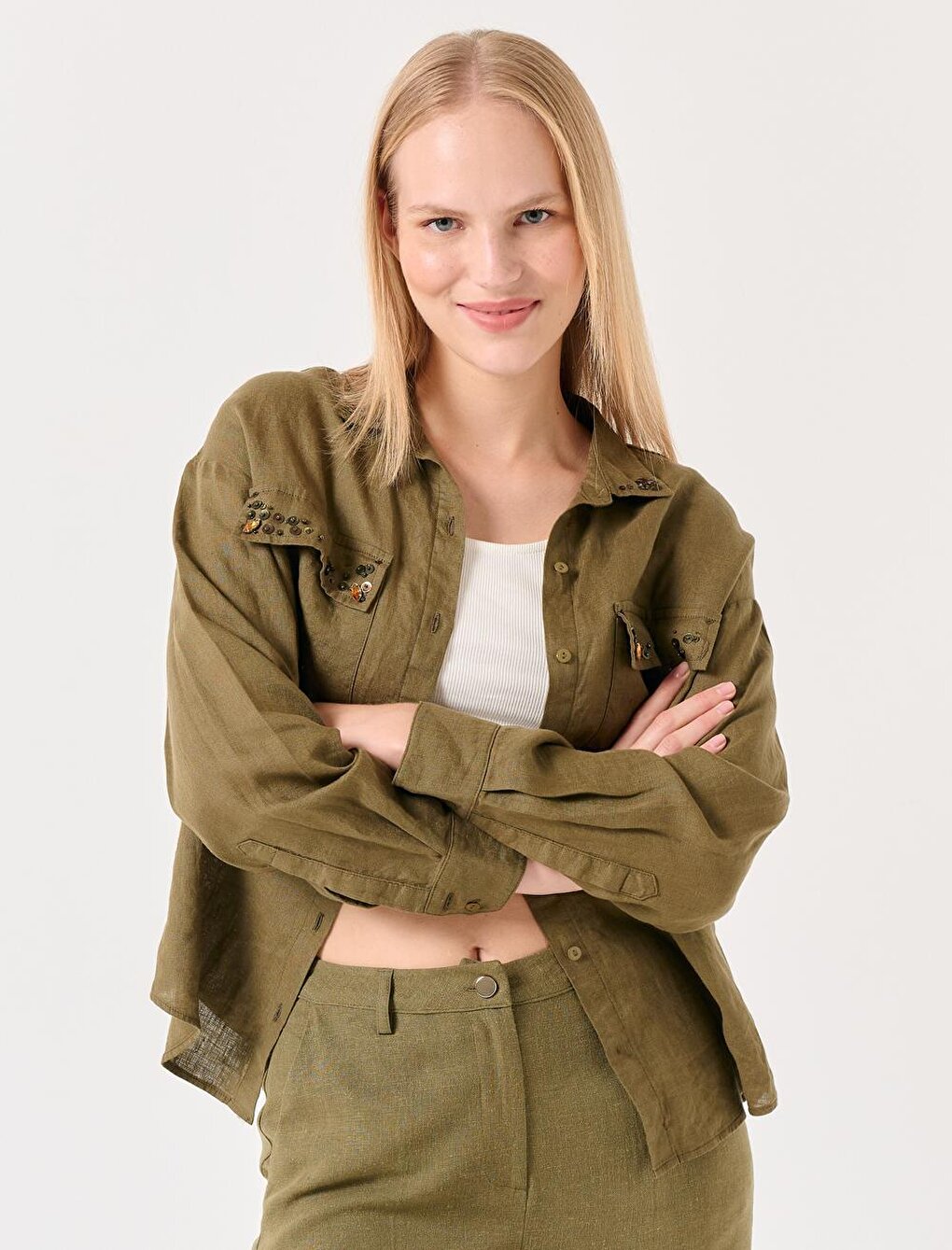 Khaki Long Sleeve Beaded Linen Shirt