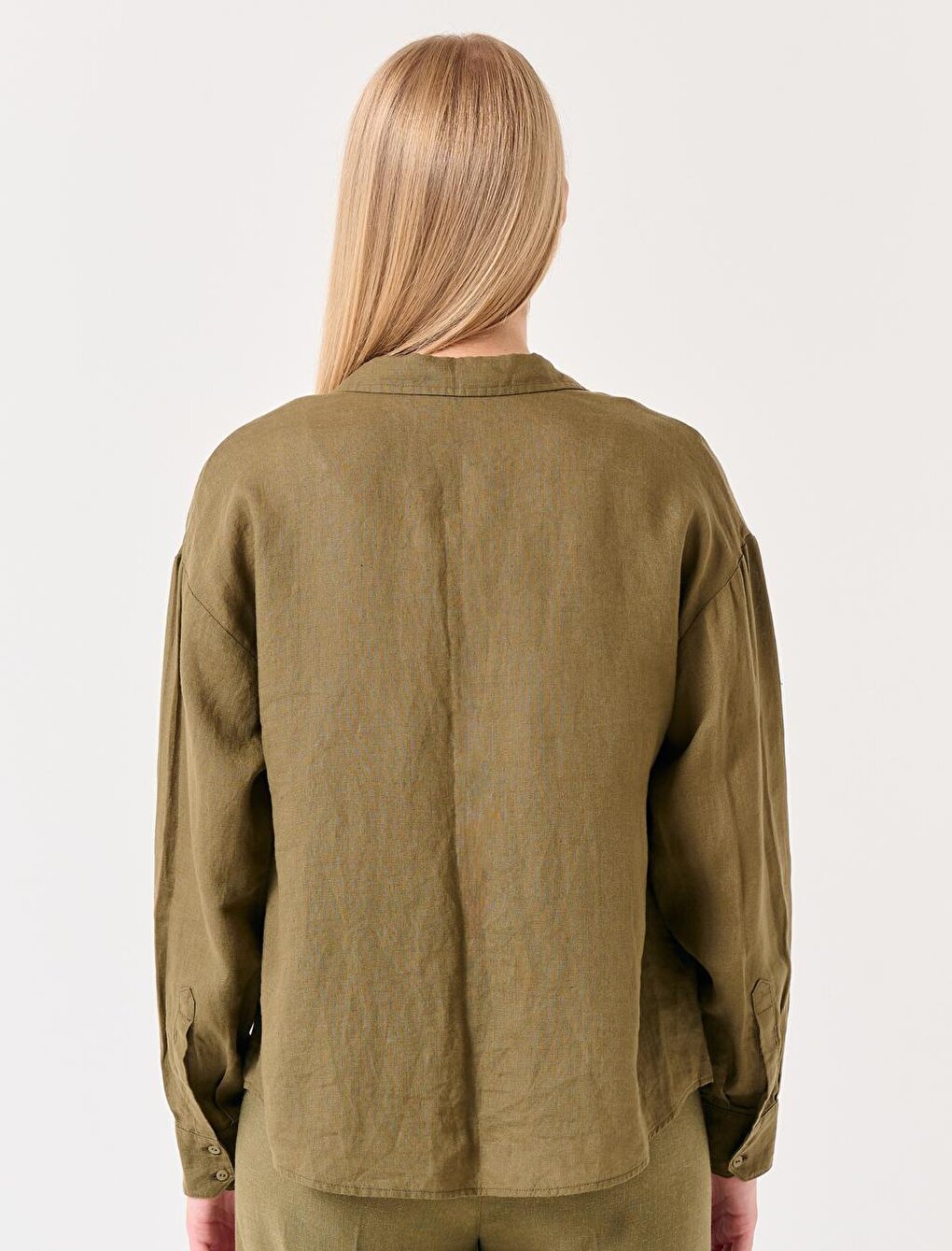 Khaki Long Sleeve Beaded Linen Shirt