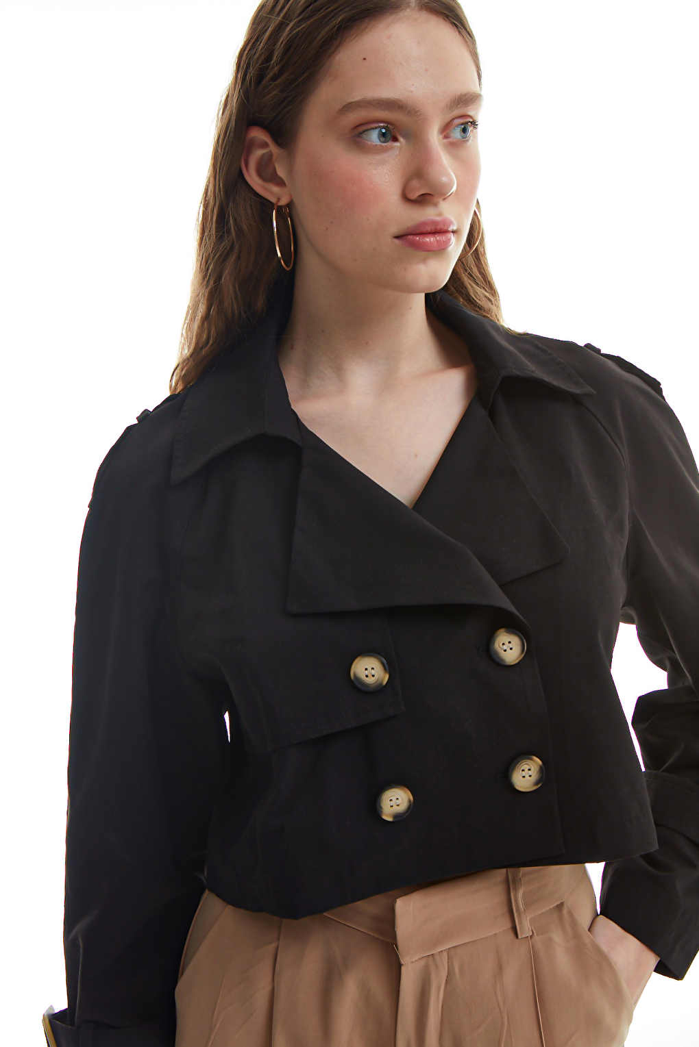 Button Detailed Crop Jacket Black