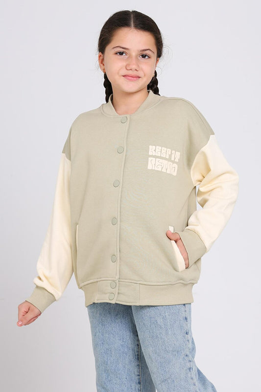 Girls' Khaki Keer It Retro Print College Jacket