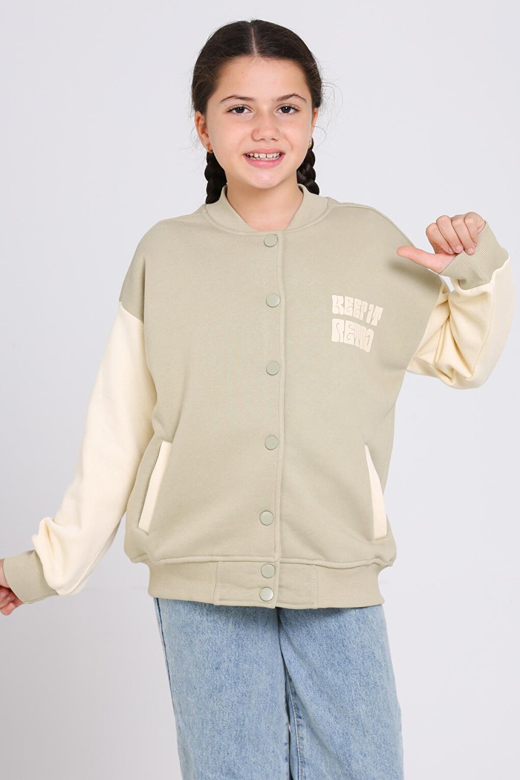 Girls' Khaki Keer It Retro Print College Jacket