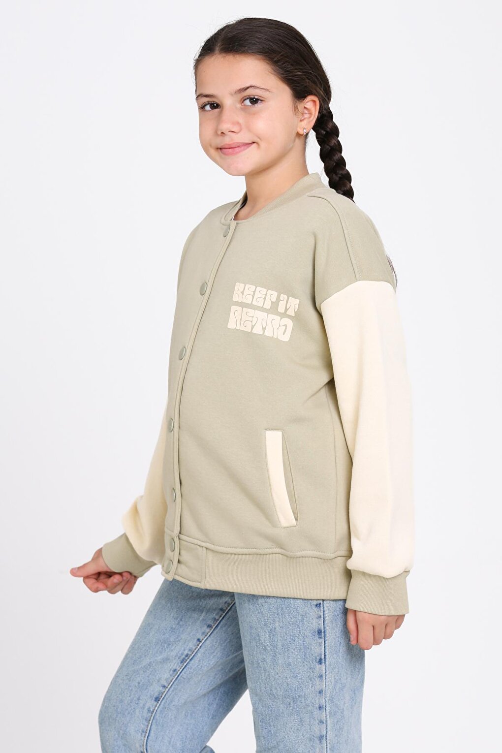 Girls' Khaki Keer It Retro Print College Jacket