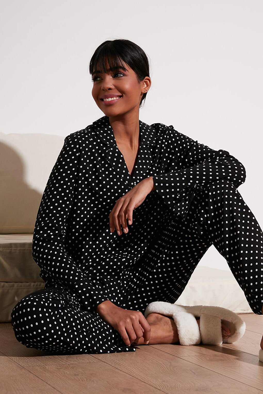 Polka Dot Comfortable Cut Shirt Collar Wide Leg Pajama Set 6110310