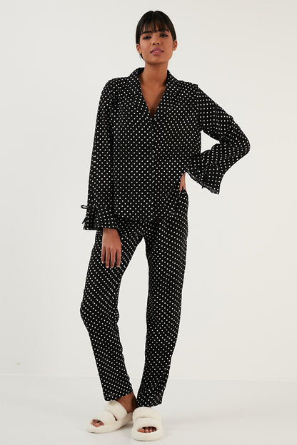 Polka Dot Comfortable Cut Shirt Collar Wide Leg Pajama Set 6110310