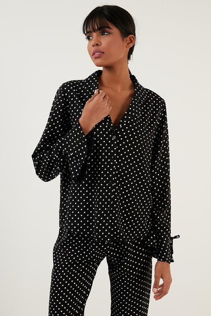 Polka Dot Comfortable Cut Shirt Collar Wide Leg Pajama Set 6110310