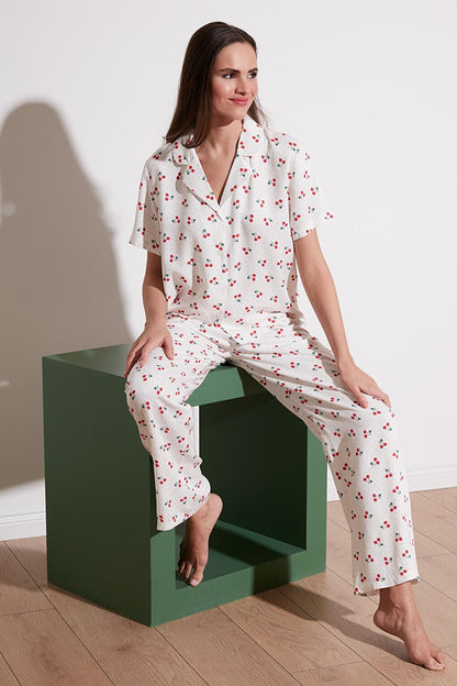 Comfortable Cut Wide Leg Mono Collar Short Sleeve Pajama Set 6110290