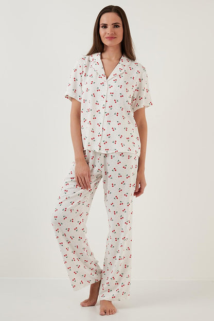 Comfortable Cut Wide Leg Mono Collar Short Sleeve Pajama Set 6110290