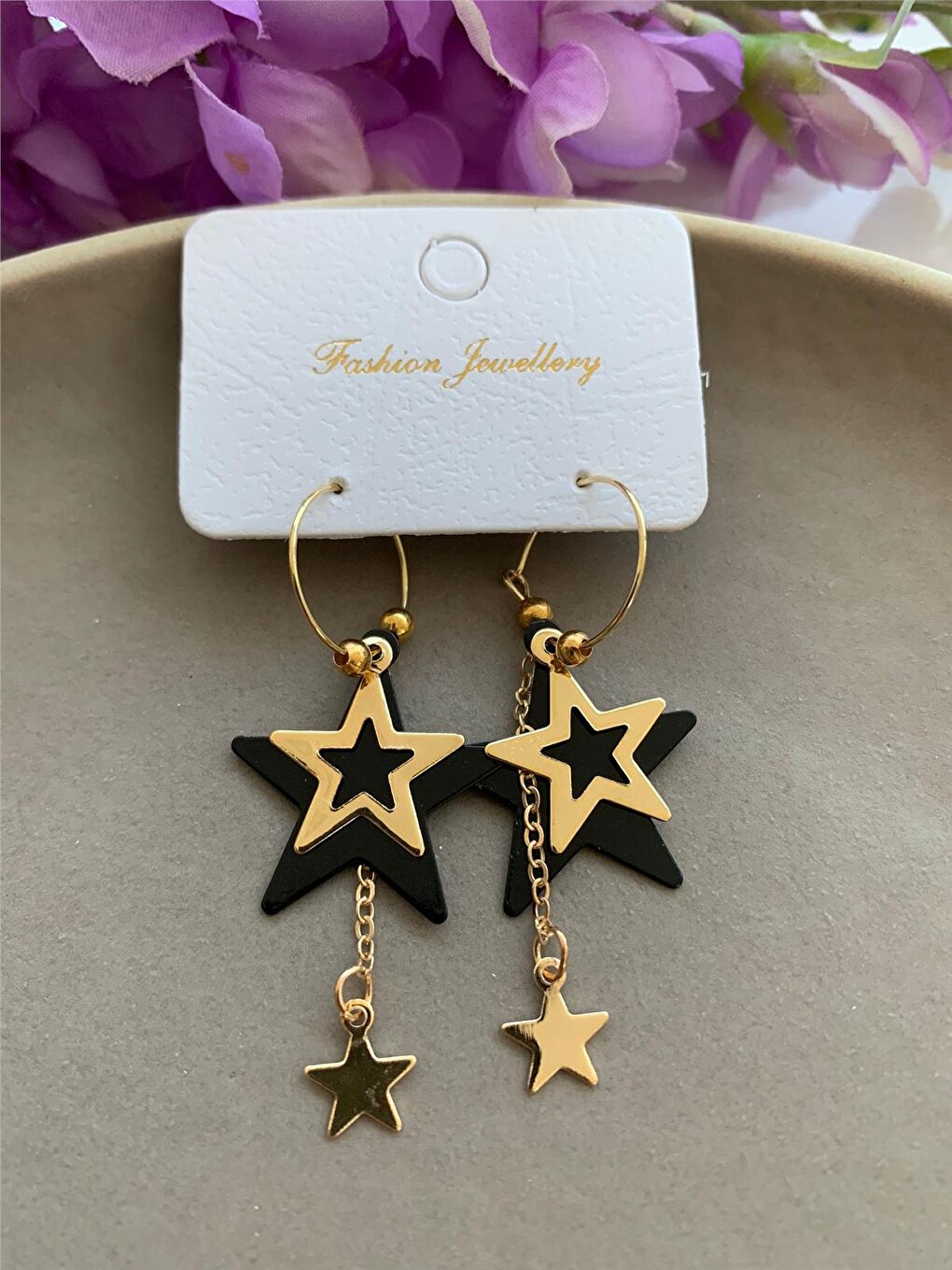 Gold Black Star Dangle Hoop Earrings