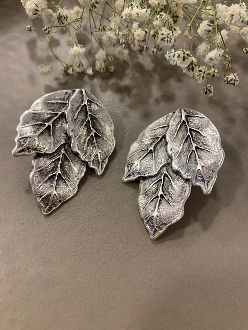 Ethnic Silver Big Leaf Earrings