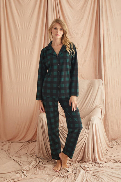 Green Black Checkered Suede Buttoned Baby Collar Long Sleeve Long Bottom Pajama Set