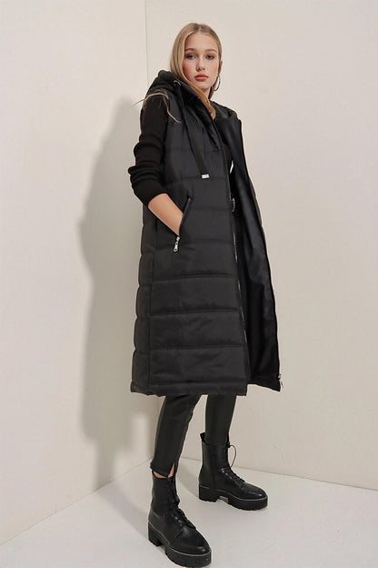 Black Hooded Long Puffer Vest