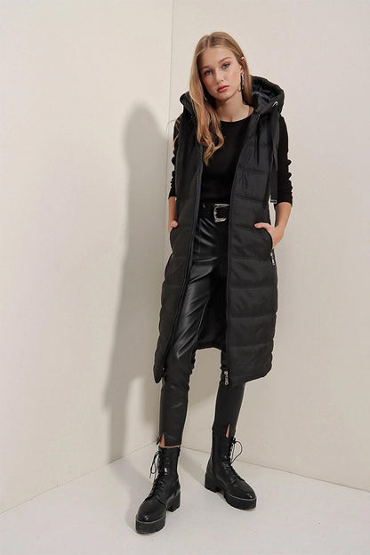 Black Hooded Long Puffer Vest