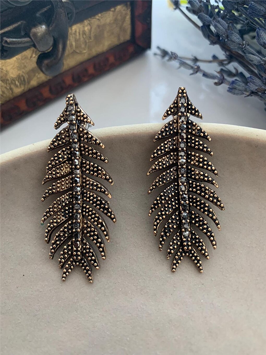 Smoked Stone Bronze Leaf Earrings