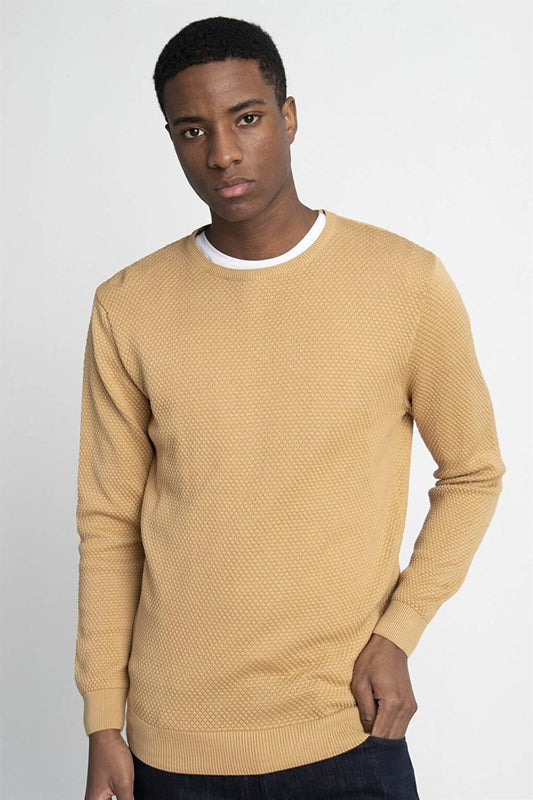 Slim Fit Narrow Cut Crew Neck Honeycomb Patterned Men's Yellow Sweater