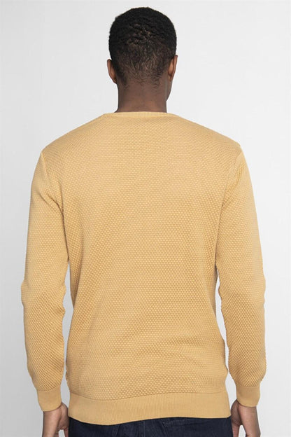 Slim Fit Narrow Cut Crew Neck Honeycomb Patterned Men's Yellow Sweater