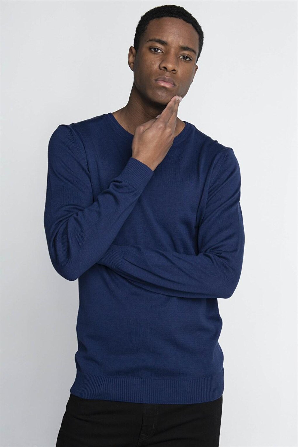 Slim Fit Narrow Cut Crew Neck Men's Navy Blue Sweater