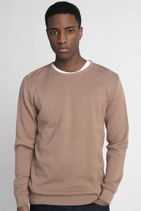 Slim Fit Narrow Cut Crew Neck Honeycomb Patterned Men's Stone Sweater