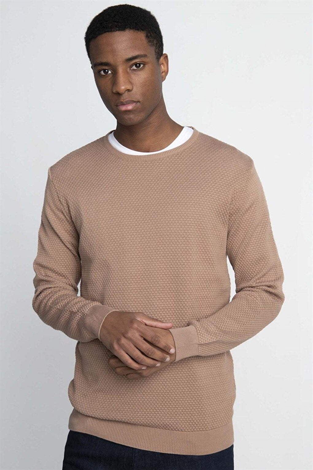 Slim Fit Narrow Cut Crew Neck Honeycomb Patterned Men's Stone Sweater