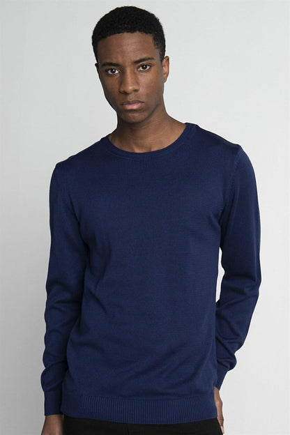 Slim Fit Narrow Cut Crew Neck Men's Navy Blue Sweater