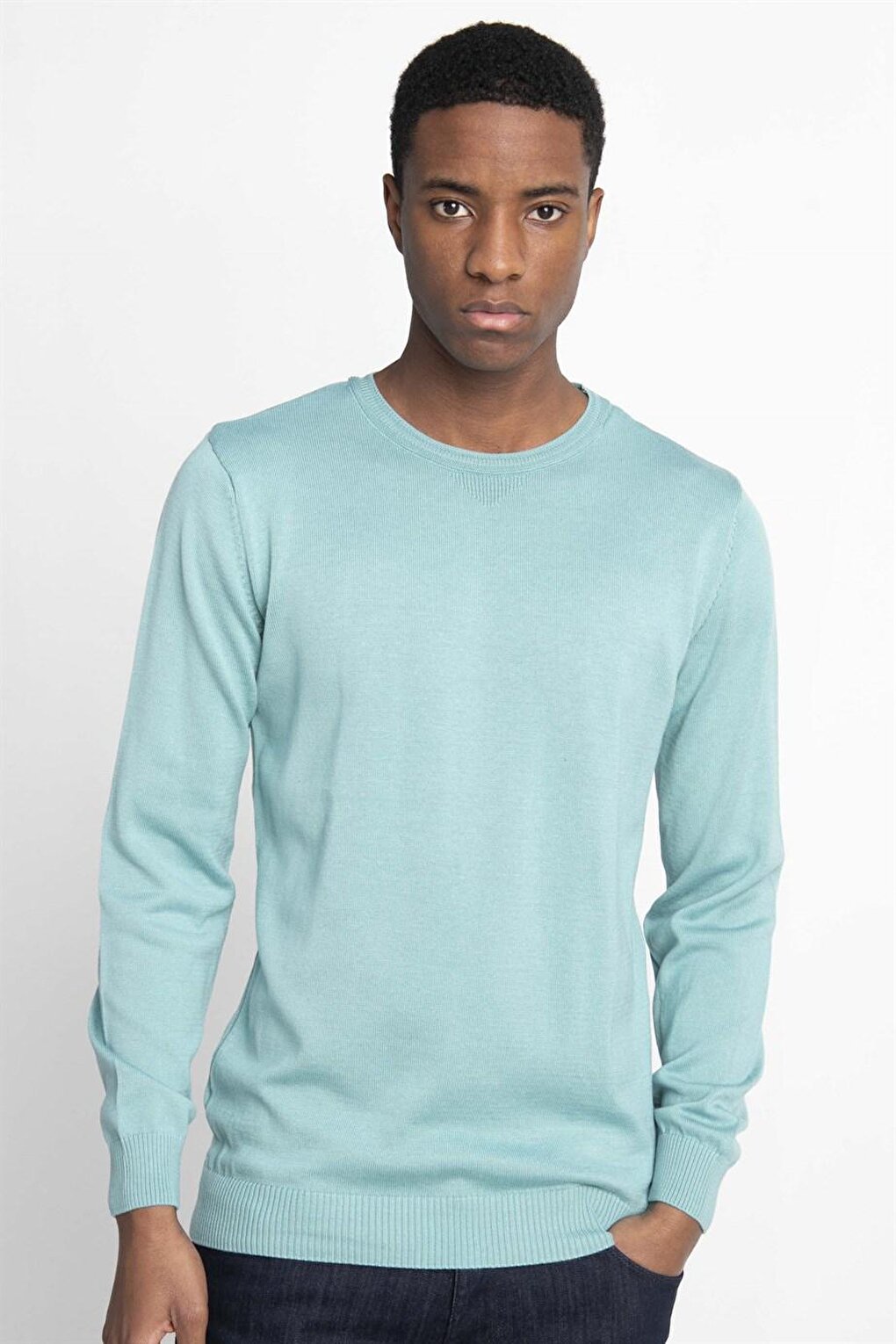 Slim Fit Narrow Cut Crew Neck Men's Water Green Sweater