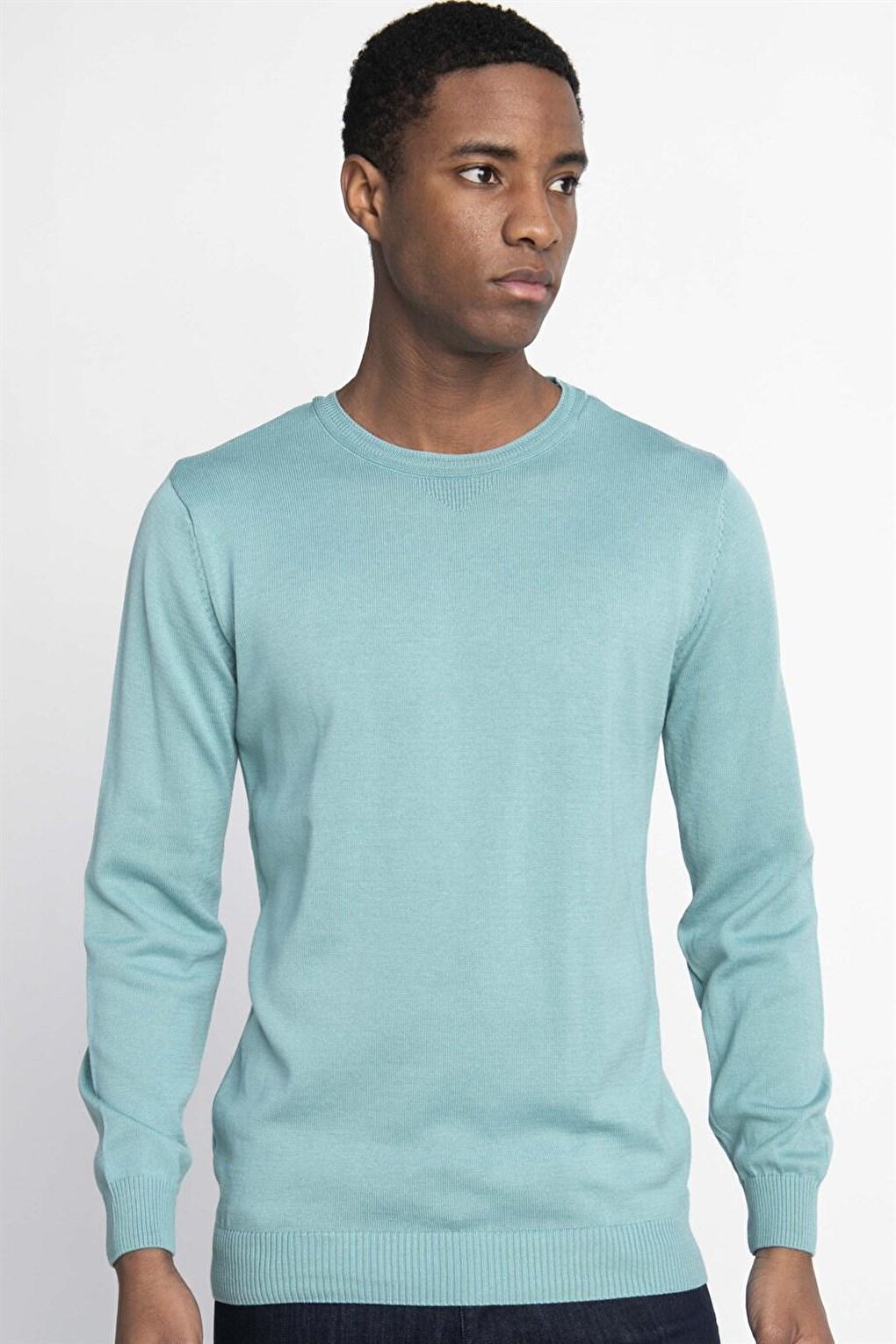 Slim Fit Narrow Cut Crew Neck Men's Water Green Sweater