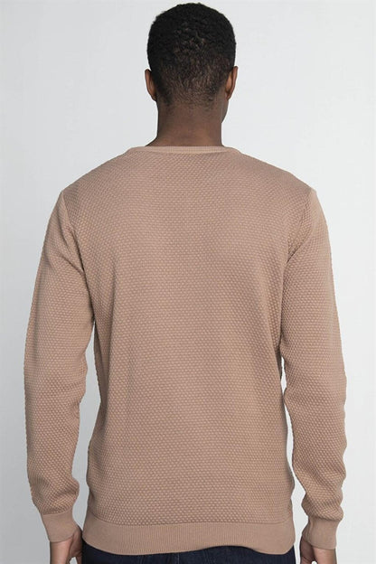 Slim Fit Narrow Cut Crew Neck Honeycomb Patterned Men's Stone Sweater