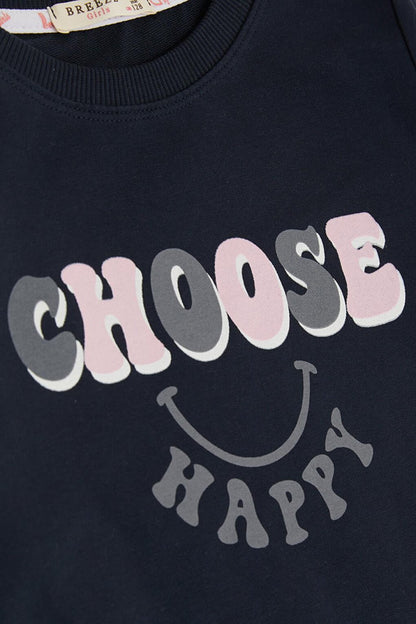 Girl's Tunic Happiness Themed Text Printed Navy Blue (8-12 Years)