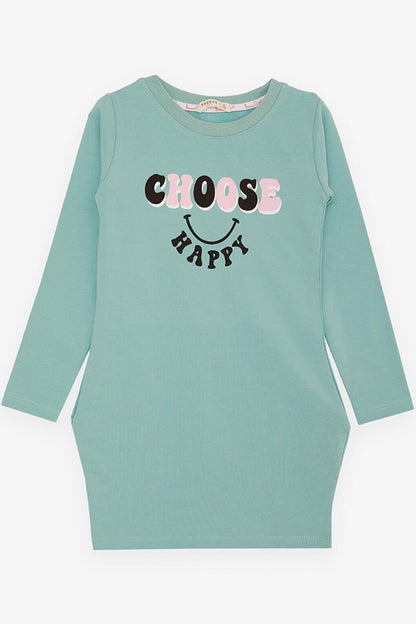 Girl's Tunic Happiness Themed Text Printed Mint Green (8-12 Years)