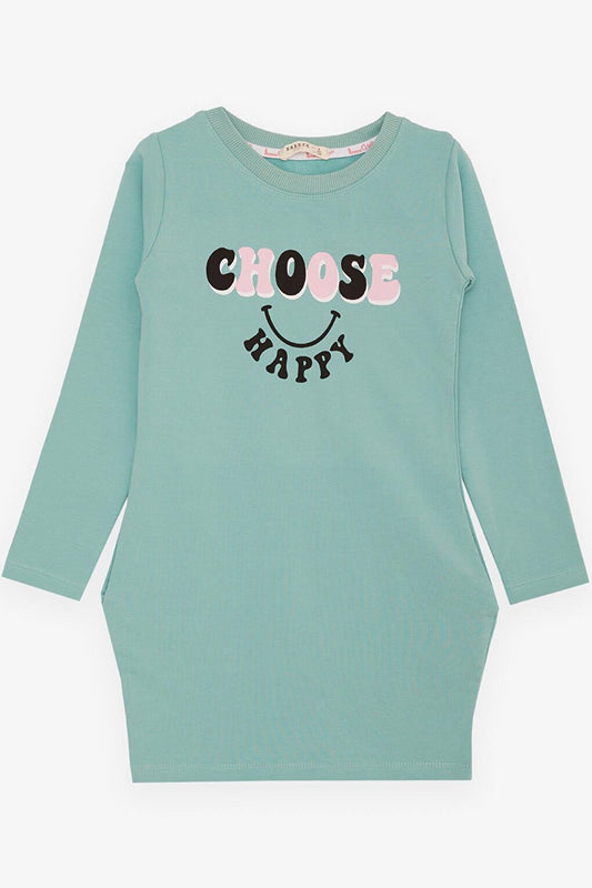 Girl's Tunic Happiness Themed Text Printed Mint Green (8-12 Years)