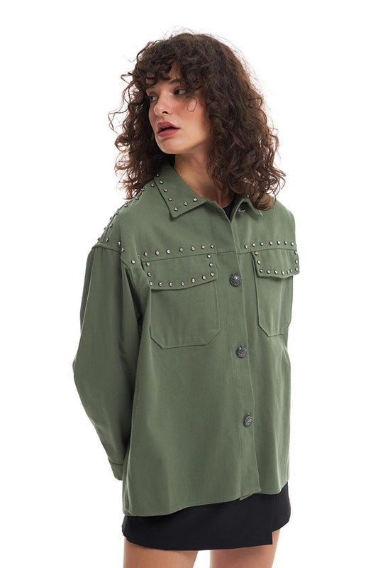 Stone Detailed Oversize Jacket Khaki